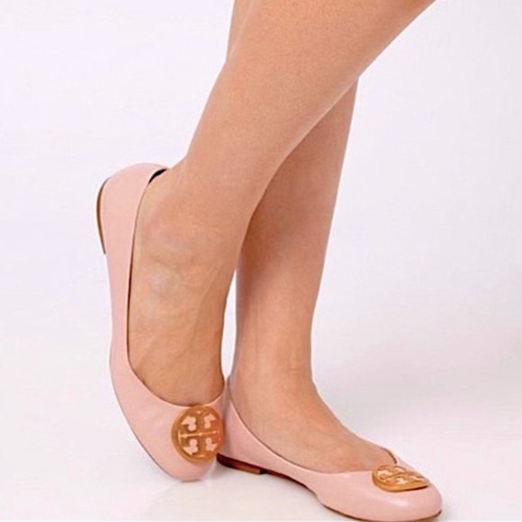 Tory Burch Benton Sea Pink Leather Gold Tone Ballet Flats Size 6 - Picture 2 of 9